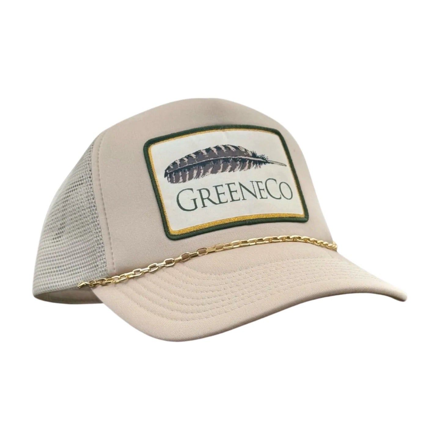 Beige trucker hat with GreeneCo branding and turkey feather accent with a removable gold chain